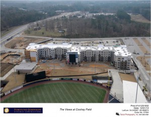 Aerial view of apartment under construction.