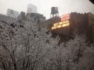 Here’s the view of a Broadway show sign outside the window of Debra Houston’s son in New York City.