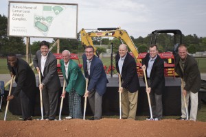 Board members and the honoree taking part in the groundbreaking are, from left, Trevor Woollery, State Senator P.K. Martin, Lamar Lussi, Dr. Jim Vaught, Brad Williams, John O'Connor and Matt Lowery.