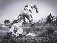 This iconic photo by Charles M. Conlon shows Cobb stealing third base during the 1909 baseball season.  Photo via Wikipedia.