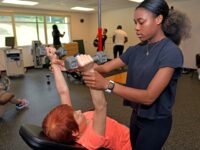 GGC Exercise Science student Ariel Mack works with volunteer Yawen Ludden during an Exercise Science Practicum involving a health screening lab on the GGC campus.  Photo provided.